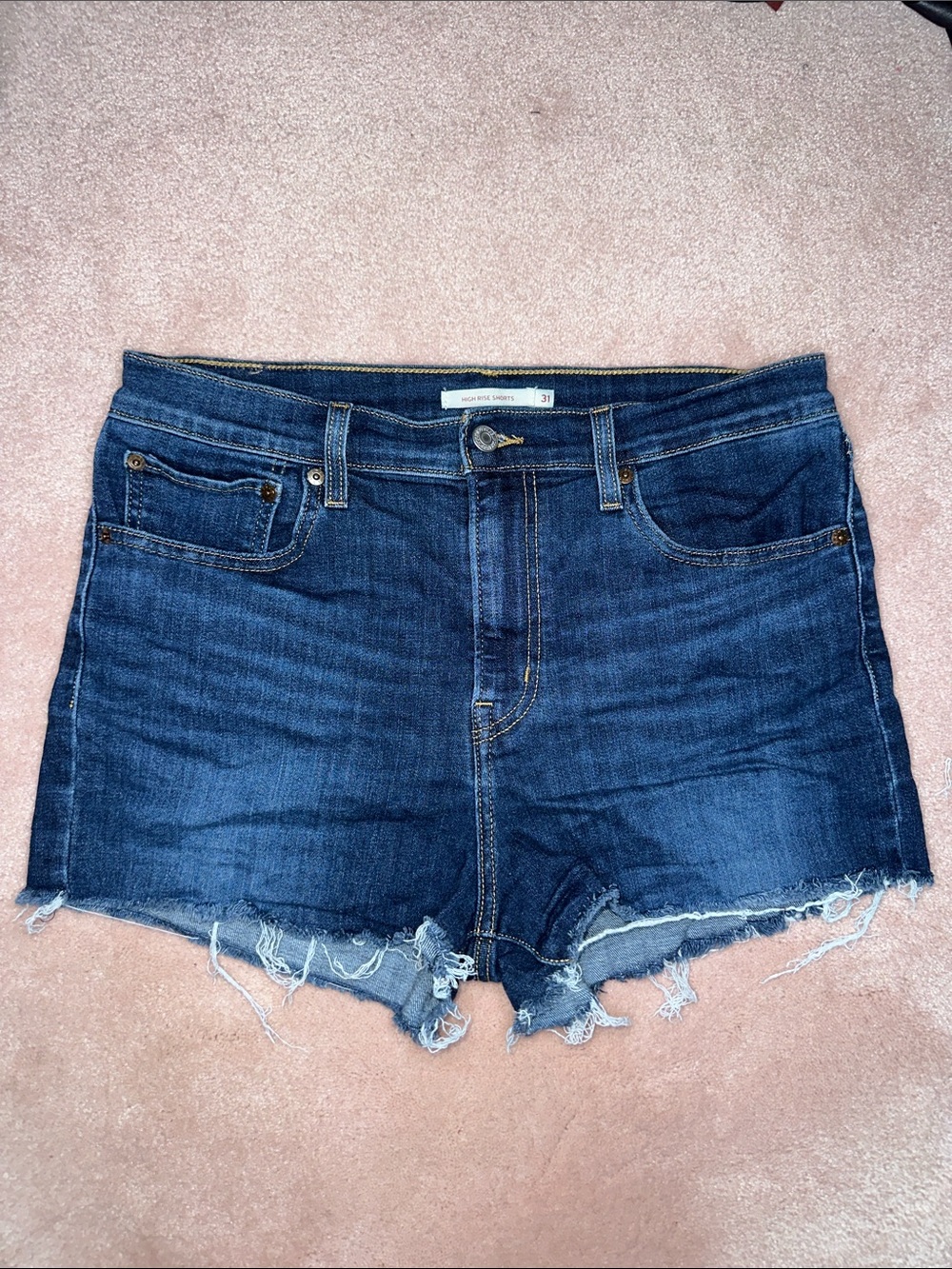 Levi’s High Rise Shorts Dark Blue Wash Distressed 1 Button Zipper Closure W31